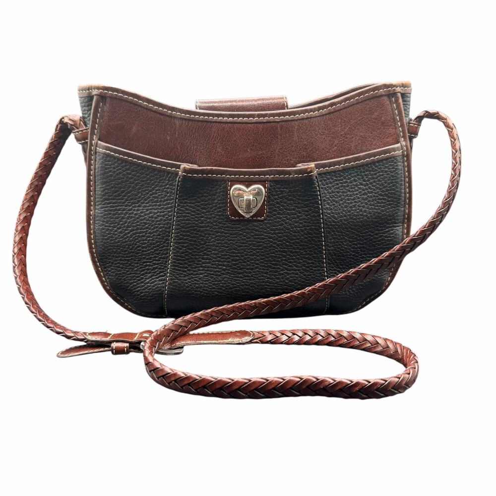 Brighton Leather Crossbody Bag Brown Black Braided Strap Heart Lock